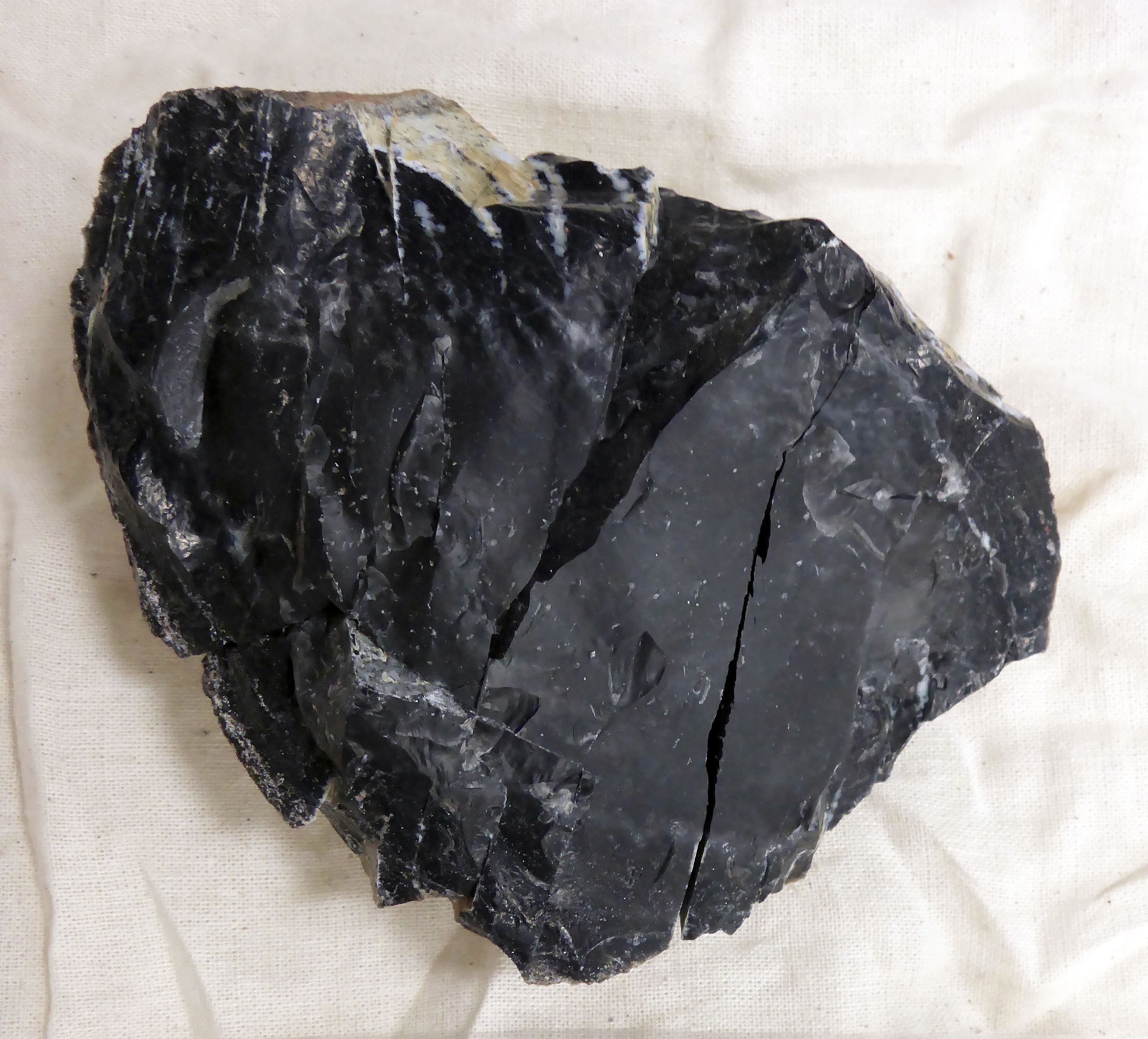 A shiny black rock on a piece of cloth