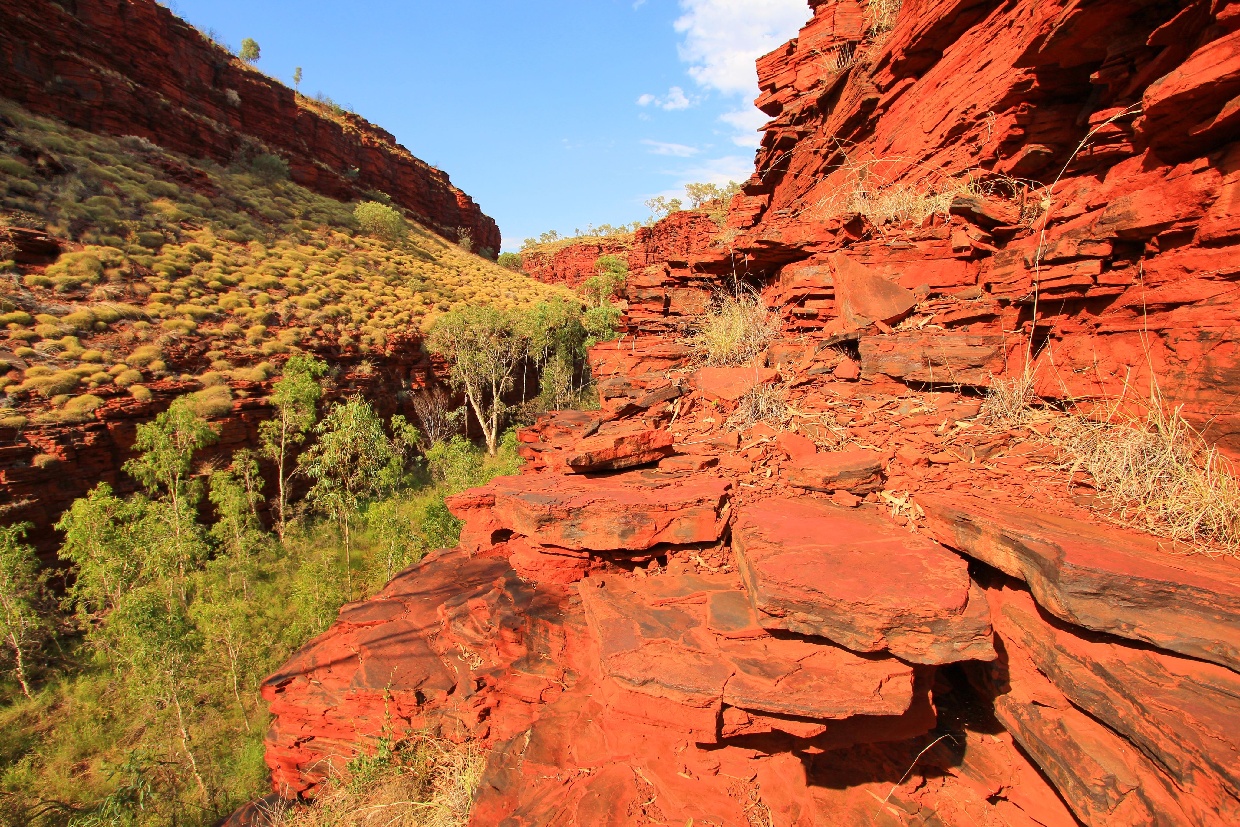 Red rock formations in the Pilbara Range in Western Australia.